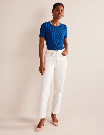 Crochet-Trim Knitted T-Shirt-Sapphire