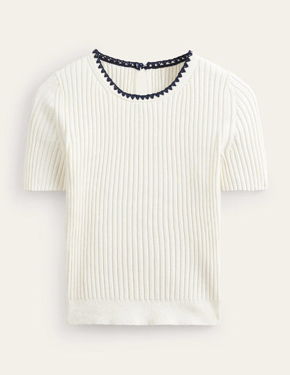 Crochet-Trim Knitted T-Shirt-Ivory-5