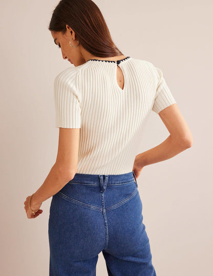 Crochet-Trim Knitted T-Shirt-Ivory-3