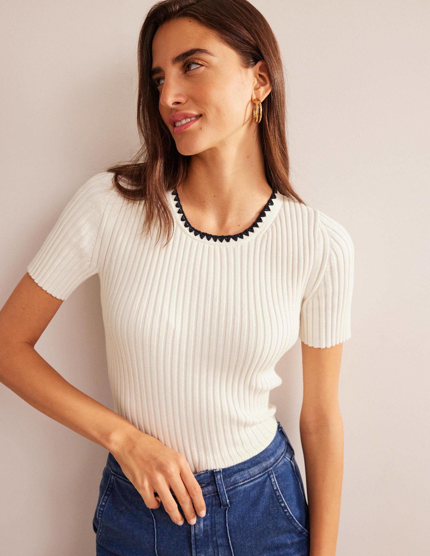Crochet-Trim Knitted T-Shirt-Ivory