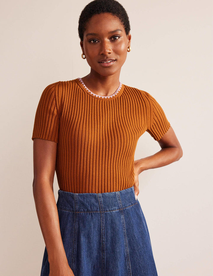 Crochet-Trim Knitted T-Shirt-Pumpkin
