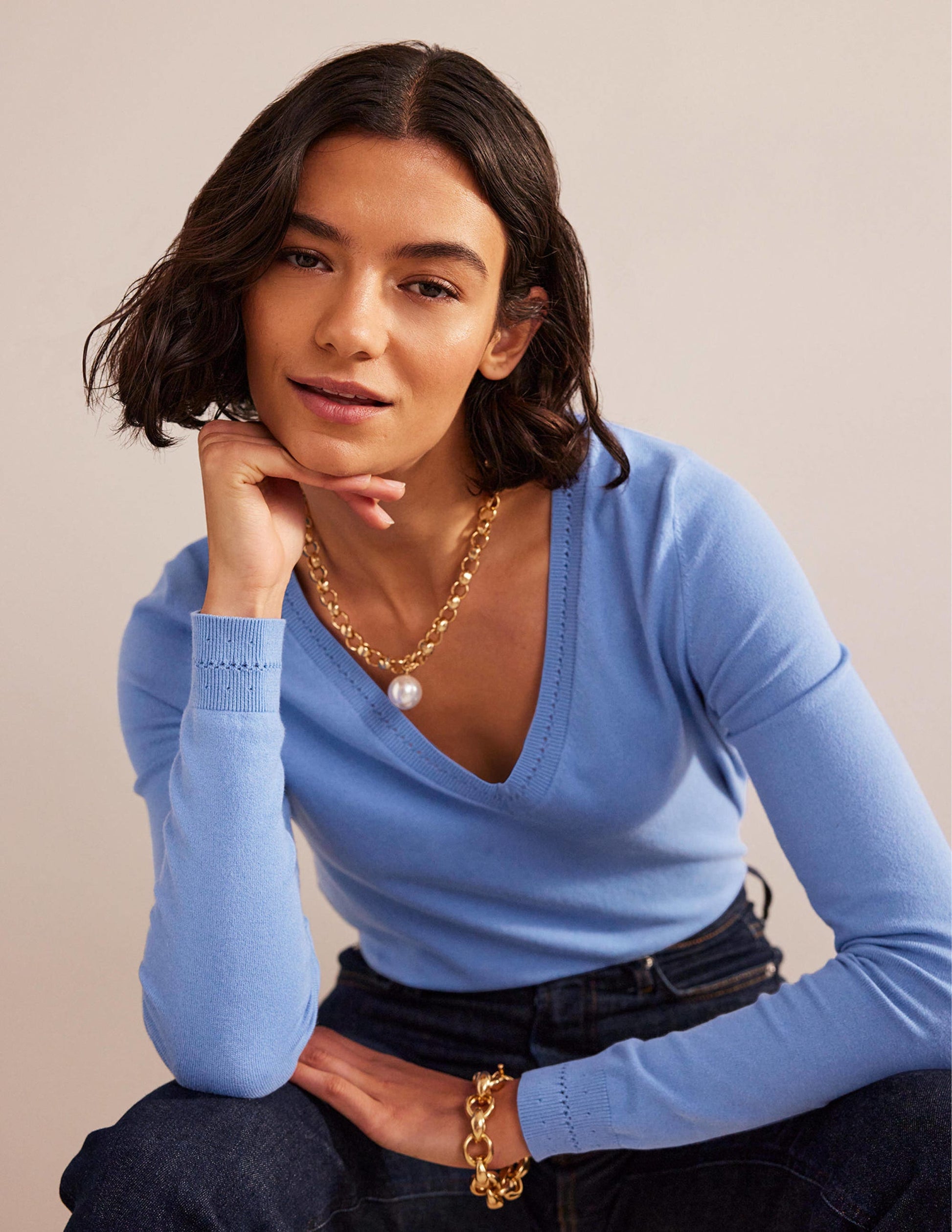 Catriona Cotton V-Neck Jumper-Marina-1