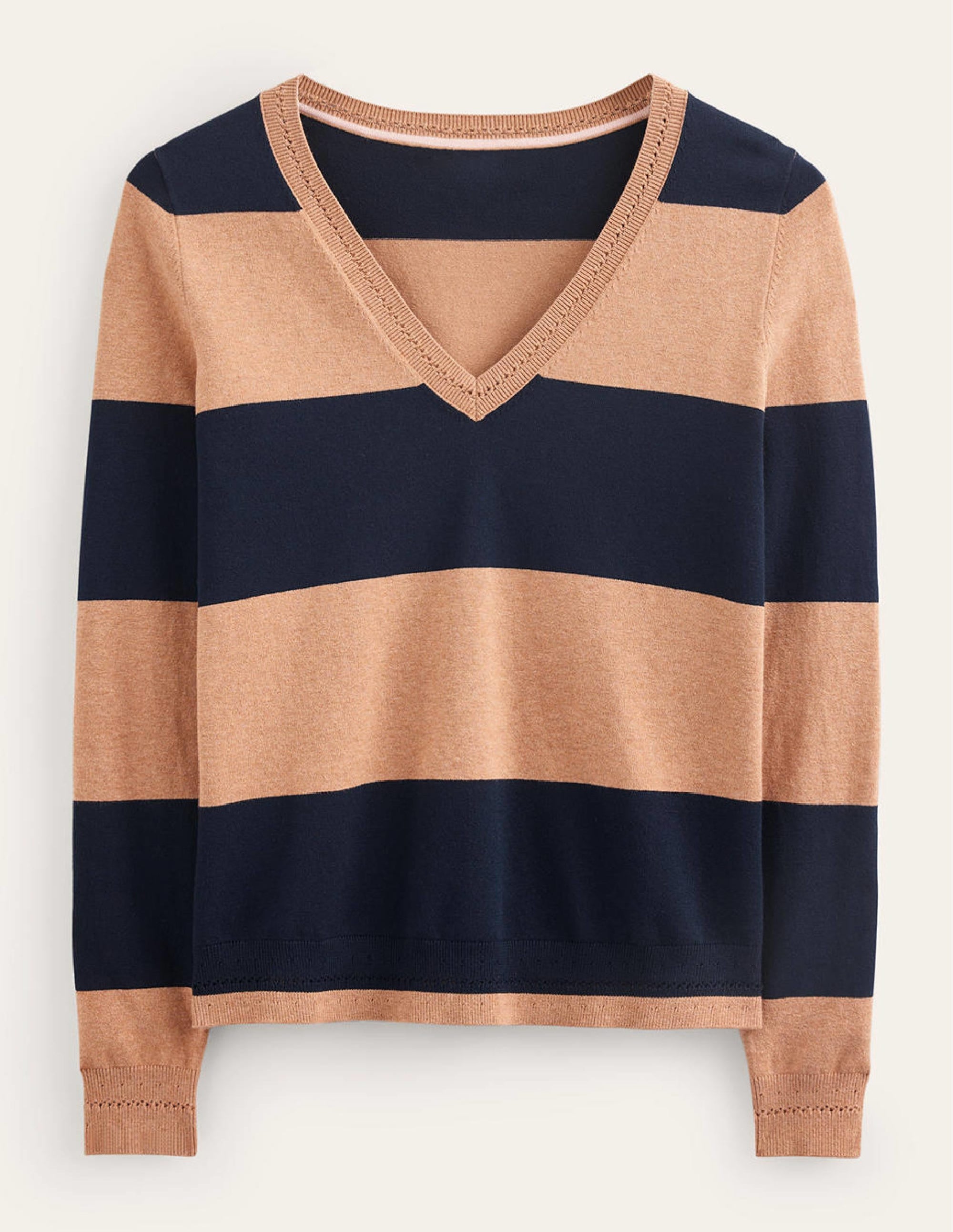Catriona Cotton V-Neck Jumper-Camel Melange and Navy Stripe - Image 6