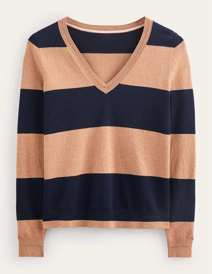 Catriona Cotton V-Neck Jumper-Camel Melange and Navy Stripe-6