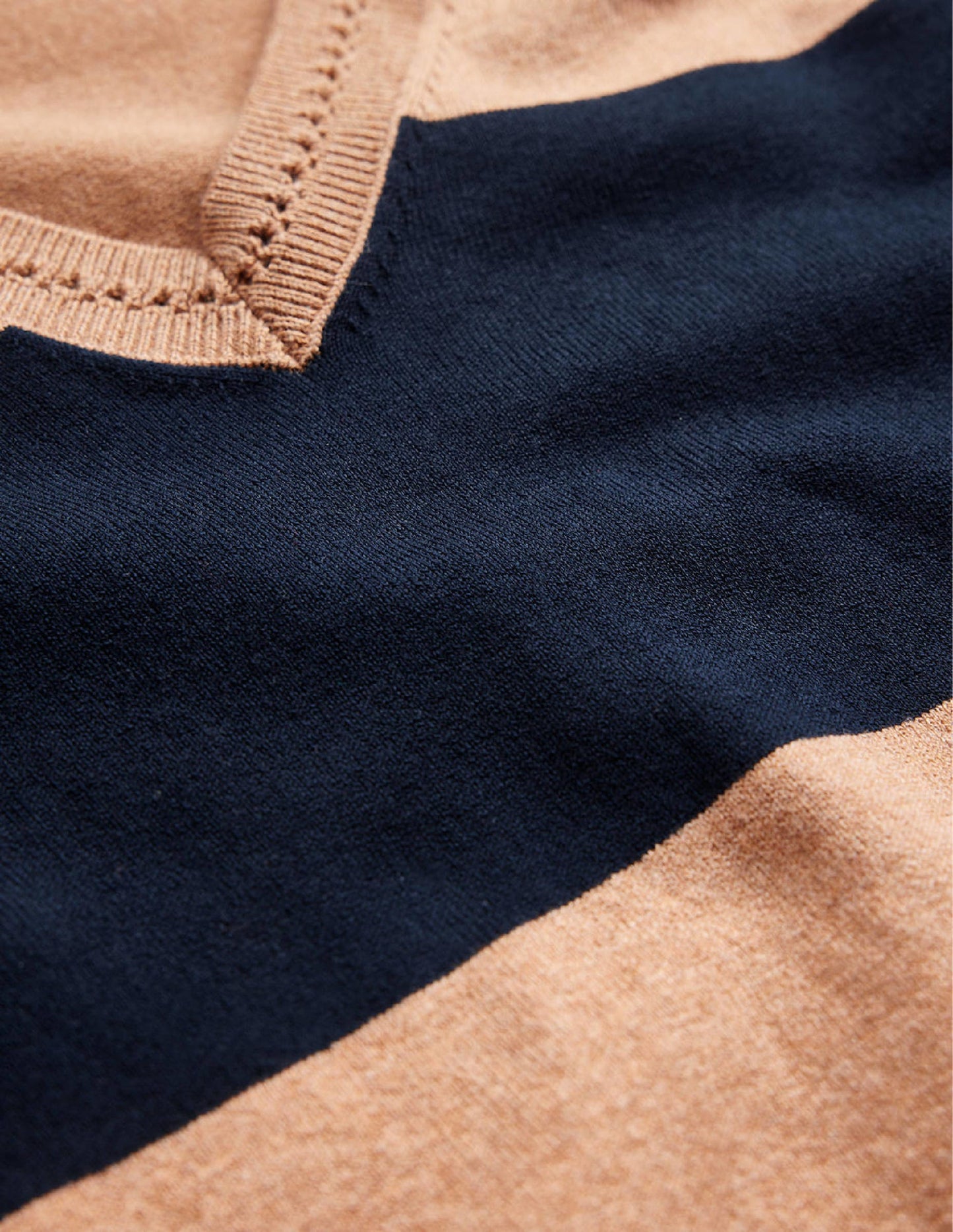 Catriona Cotton V-Neck Jumper-Camel Melange and Navy Stripe