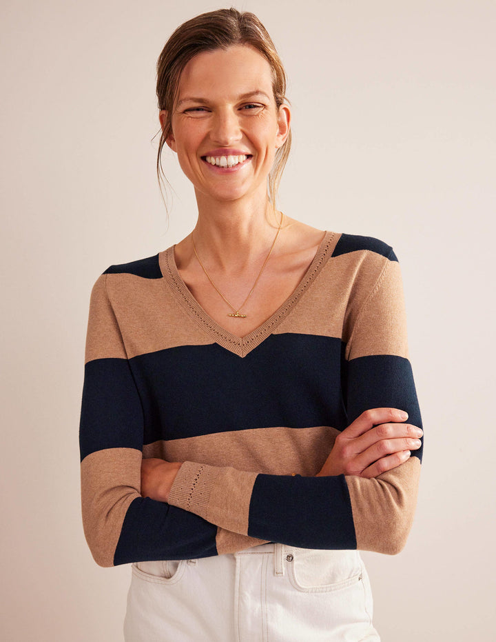 Catriona Cotton V-Neck Jumper-Camel Melange and Navy Stripe