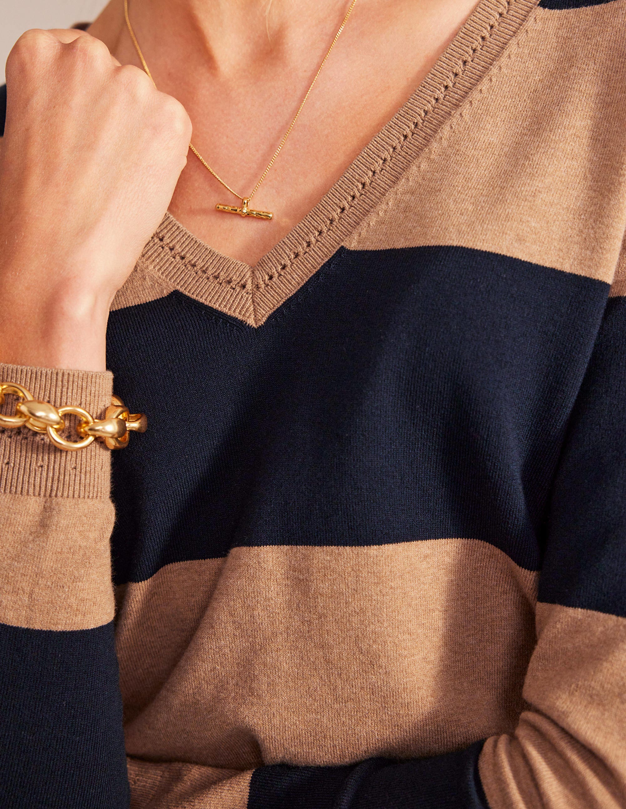 Catriona Cotton V-Neck Jumper-Camel Melange and Navy Stripe - Image 2