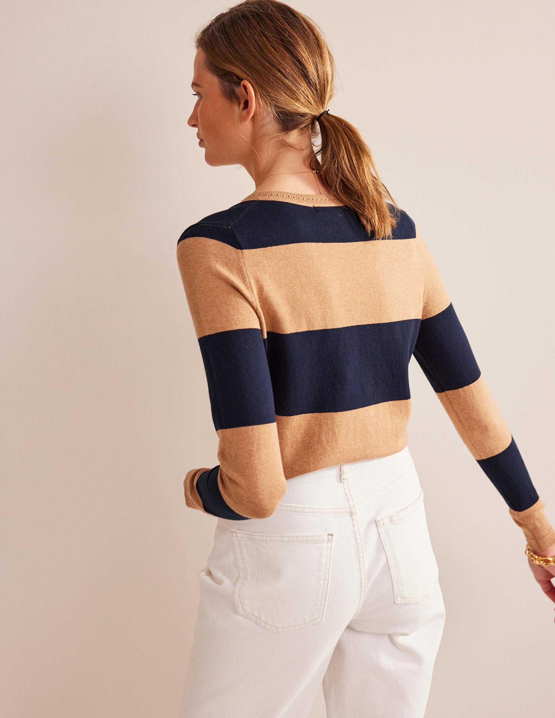 Catriona Cotton V-Neck Jumper-Camel Melange and Navy Stripe-3