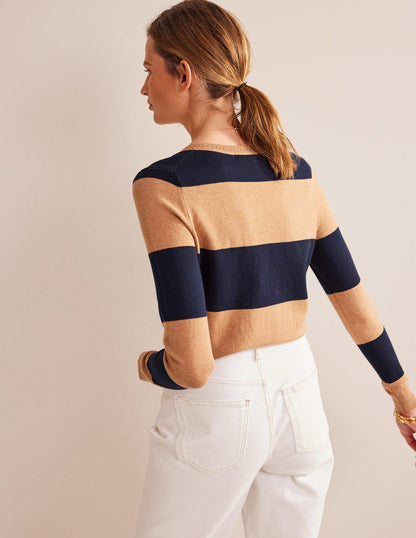 Catriona Cotton V-Neck Jumper-Camel Melange and Navy Stripe-3