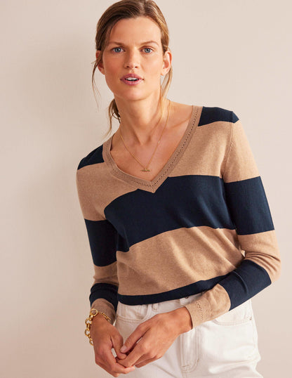 Catriona Cotton V-Neck Jumper-Camel Melange and Navy Stripe-4