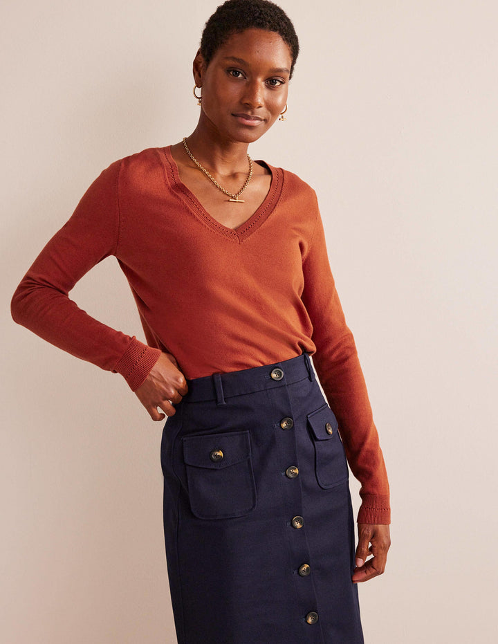 Catriona Cotton V-Neck Jumper-Chestnut Brown