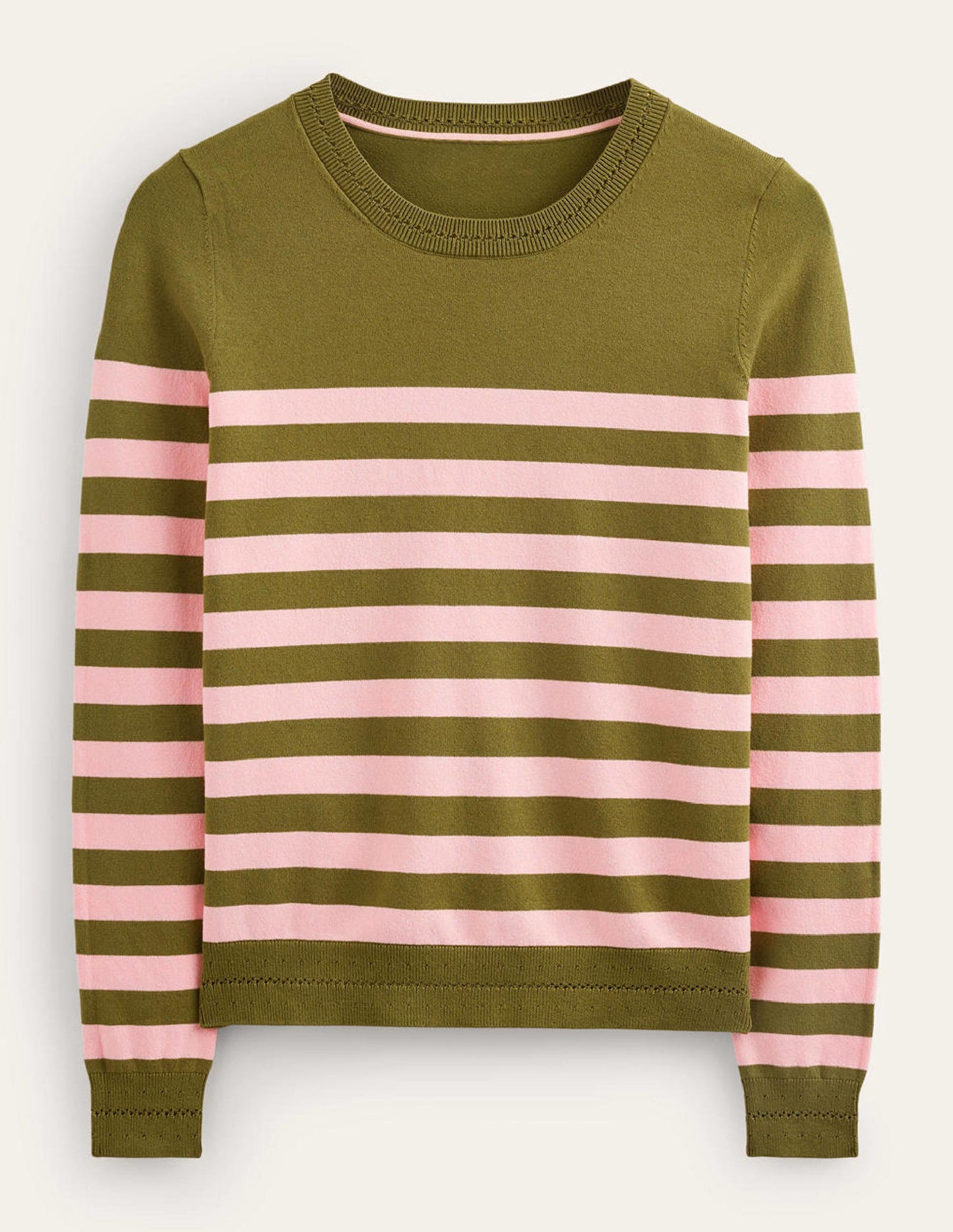 Catriona Cotton Crew Jumper-Chalky Pink and Green Olive