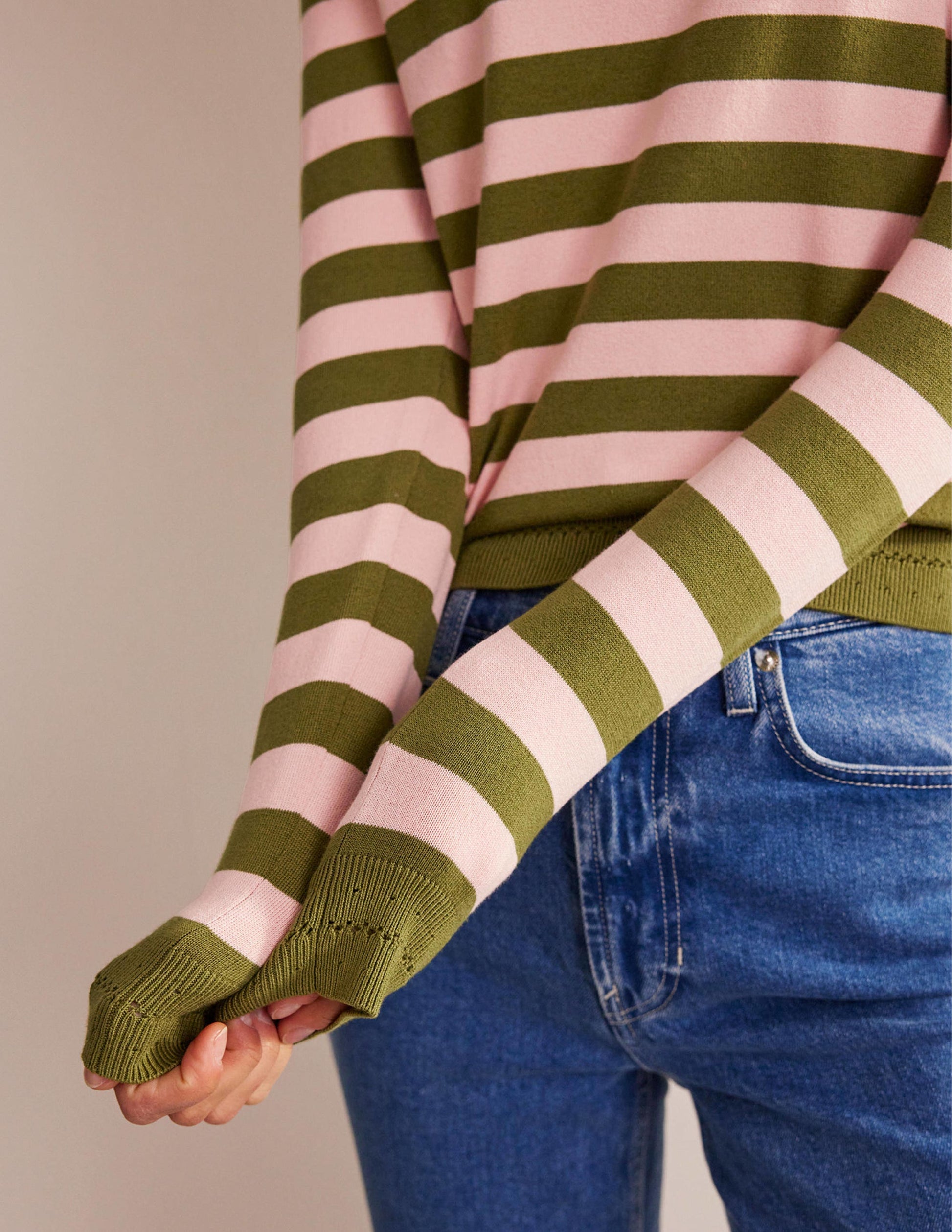 Catriona Cotton Crew Jumper-Chalky Pink and Green Olive-2