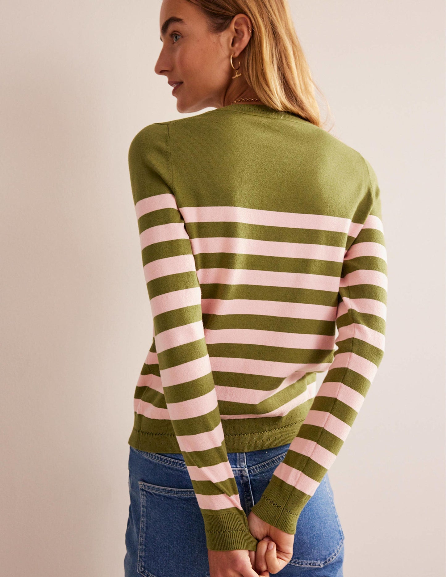 Catriona Cotton Crew Jumper-Chalky Pink and Green Olive