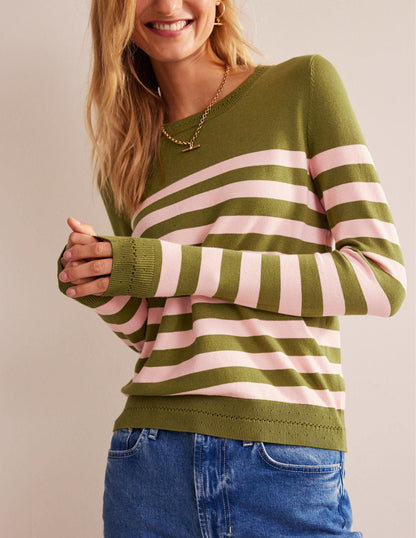 Catriona Cotton Crew Jumper-Chalky Pink and Green Olive-4