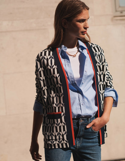 Jacquard Cardigan-Black and Ivory, Geometric