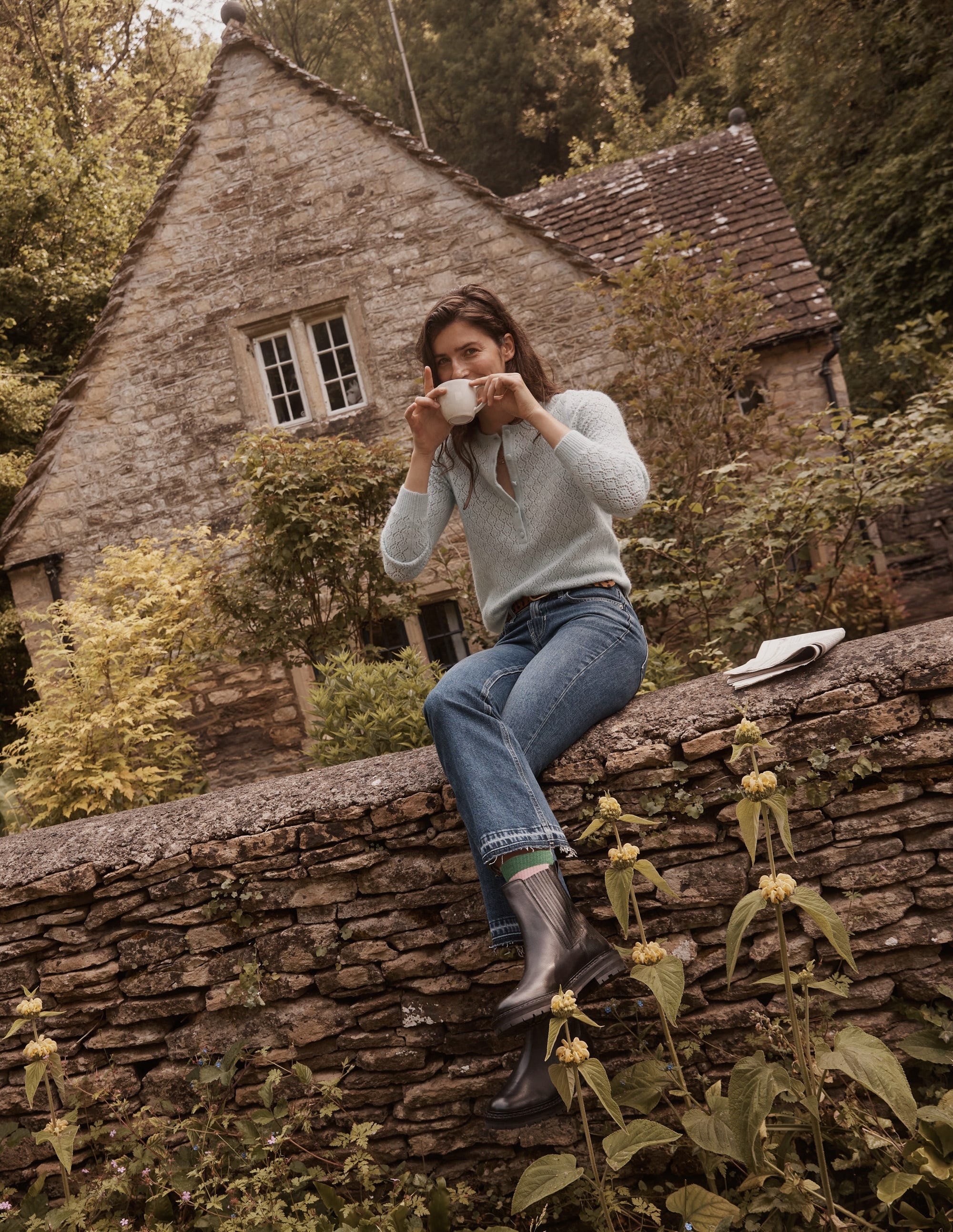 Fluffy Henley Pointelle Jumper-Gulf Stream - Image 5