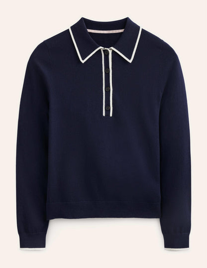 Cotton Blend Henley Jumper-Navy