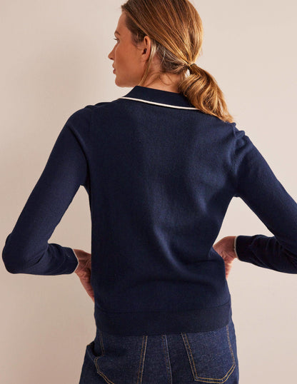 Cotton Blend Henley Jumper-Navy