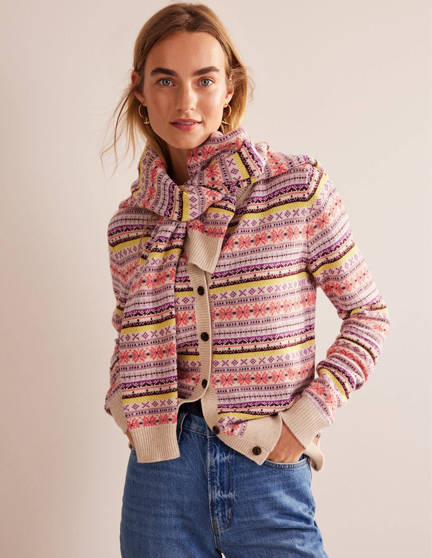 Edie Fair Isle Cardigan-Chalky Pink Fair Isle