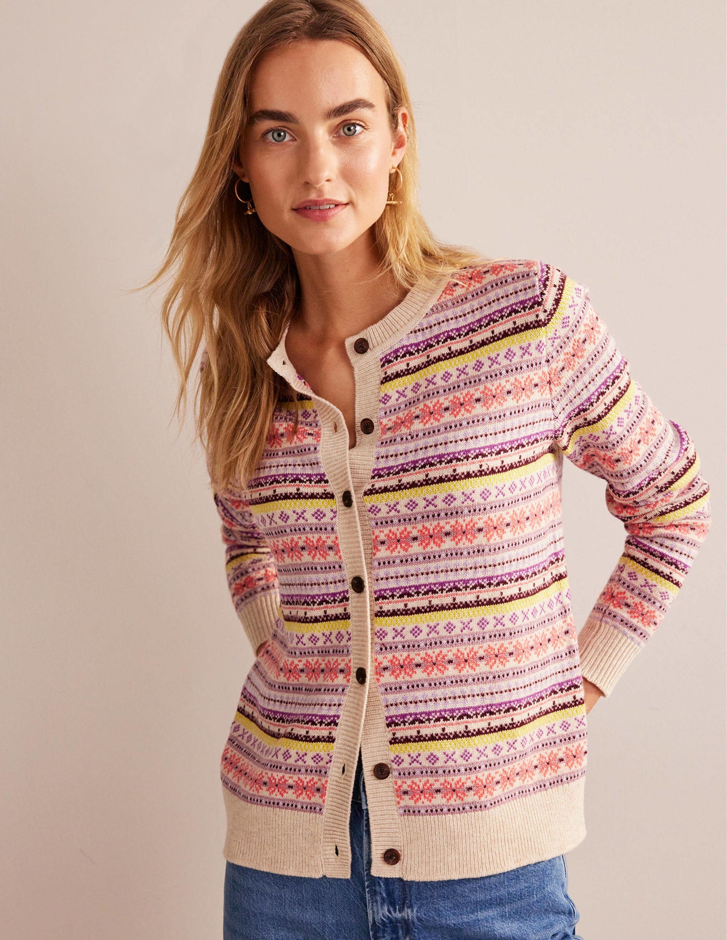 Edie Fair Isle Cardigan-Chalky Pink Fair Isle