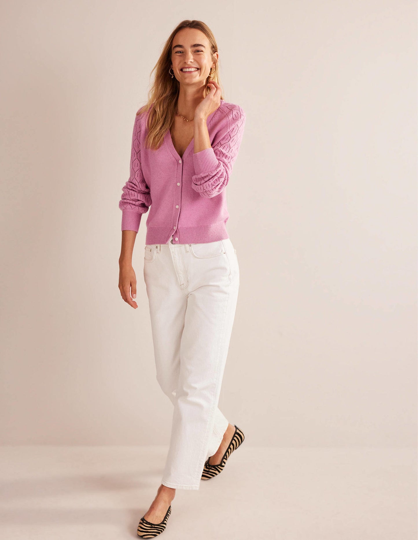 Pointelle Sleeve Cardigan-Strawberry Sherbet