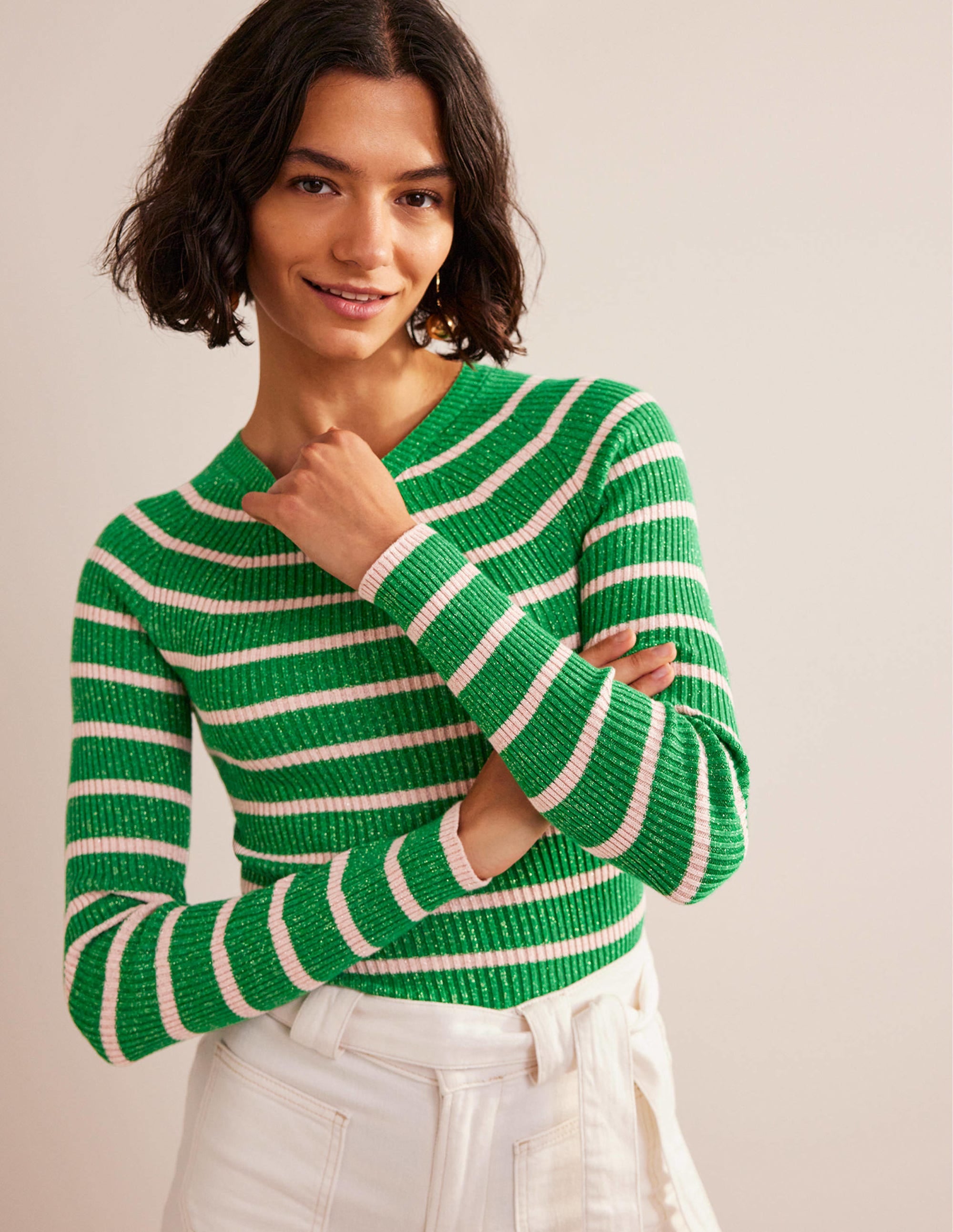 Effie Sparkle Stripe Jumper-Meadow Green, Chalky Pink - Image 1