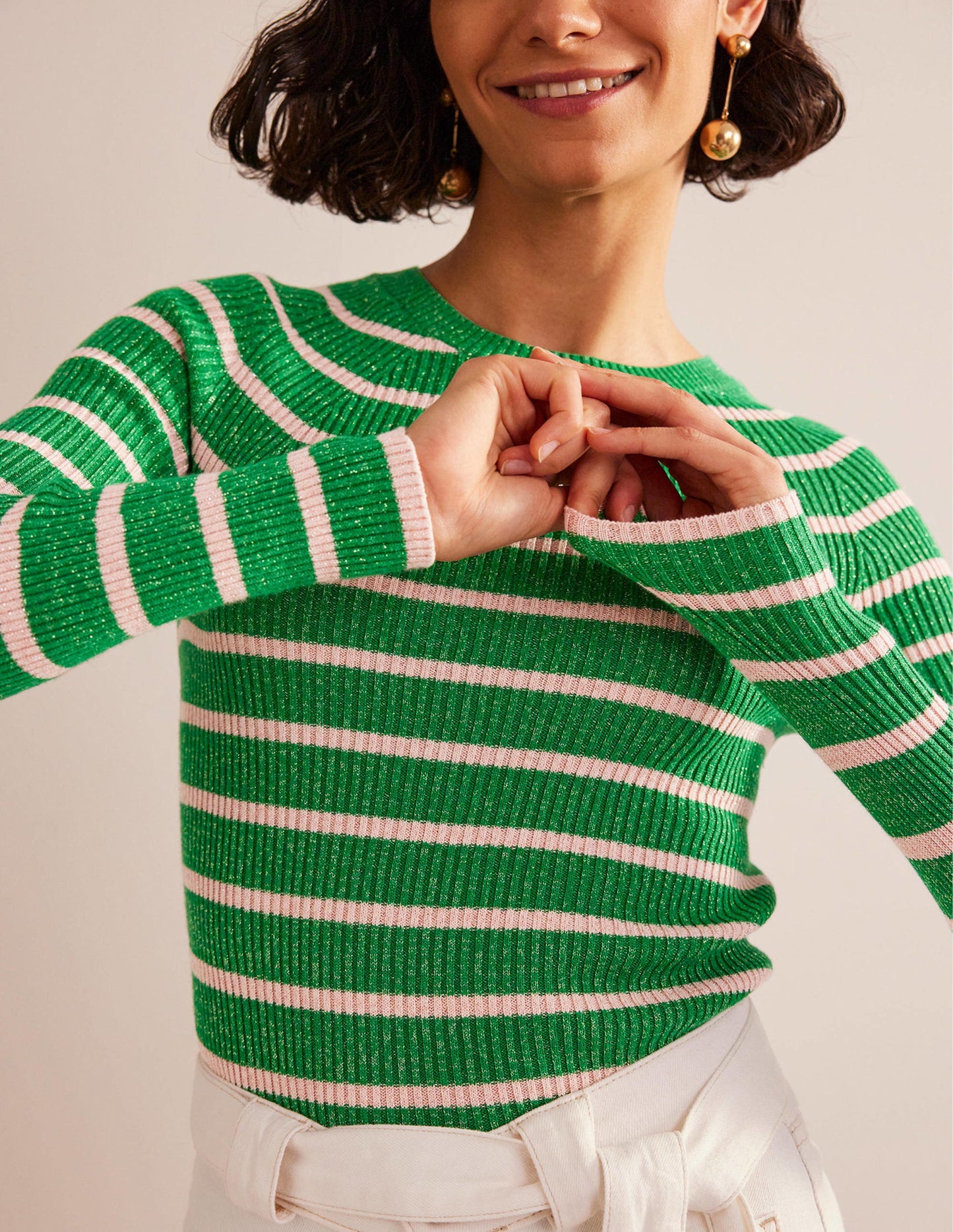 Effie Sparkle Stripe Jumper-Meadow Green, Chalky Pink