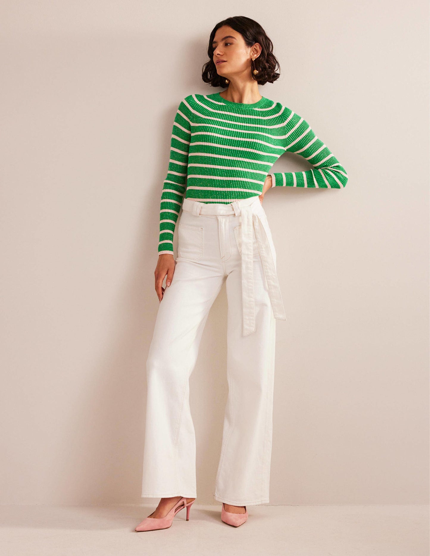 Effie Sparkle Stripe Jumper-Meadow Green, Chalky Pink