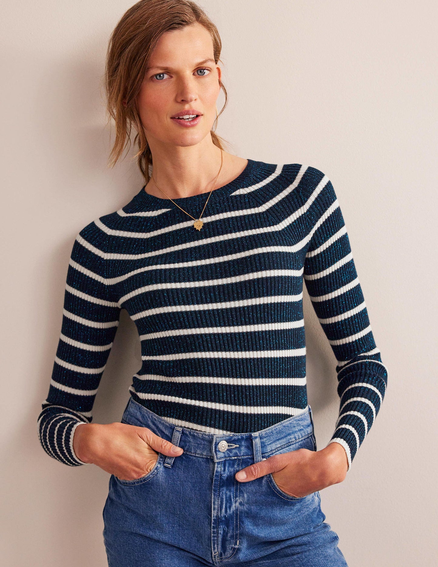 Effie Sparkle Stripe Jumper-Navy, Ivory Stripe