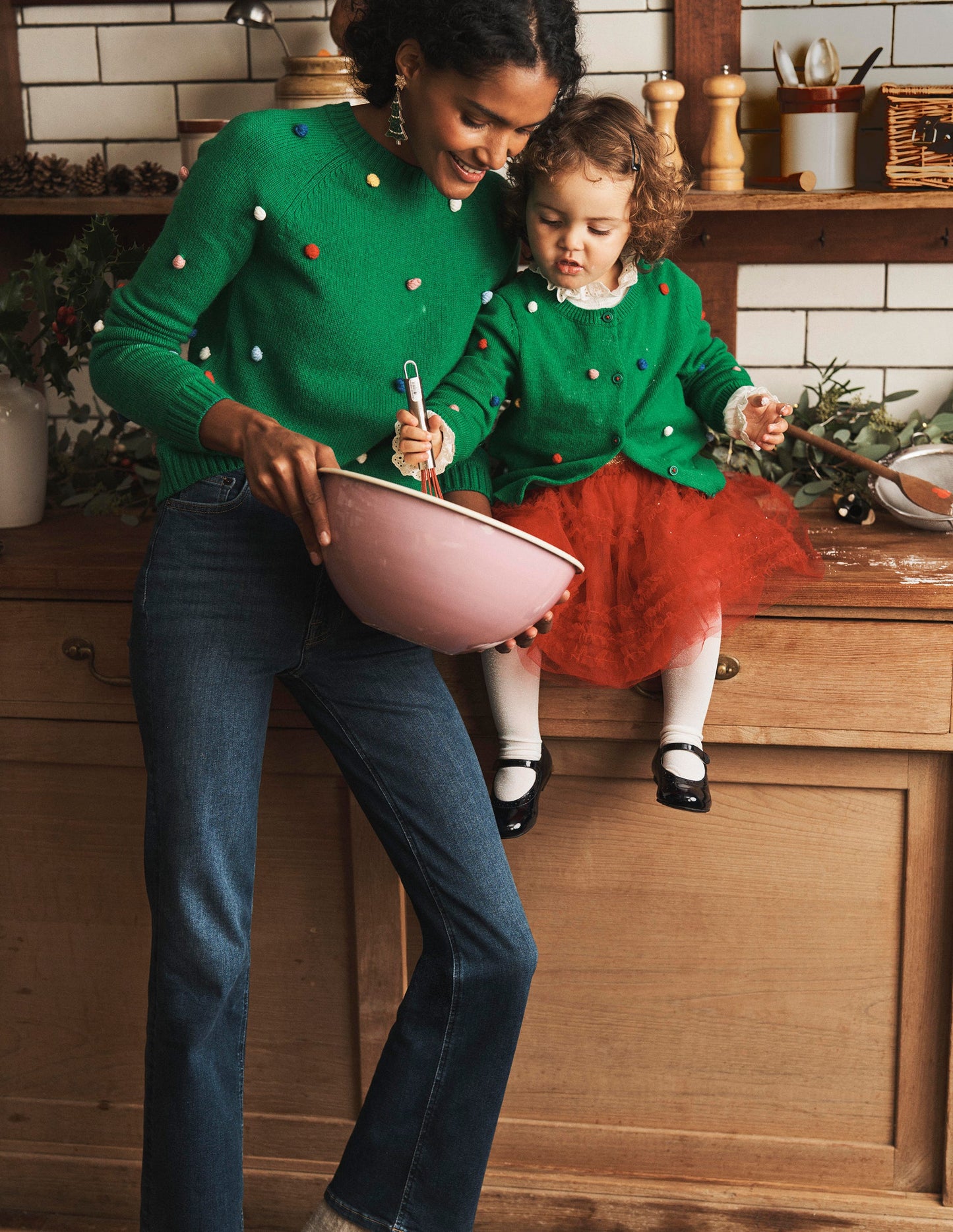 Christmas Pompom Jumper-Veridian Green