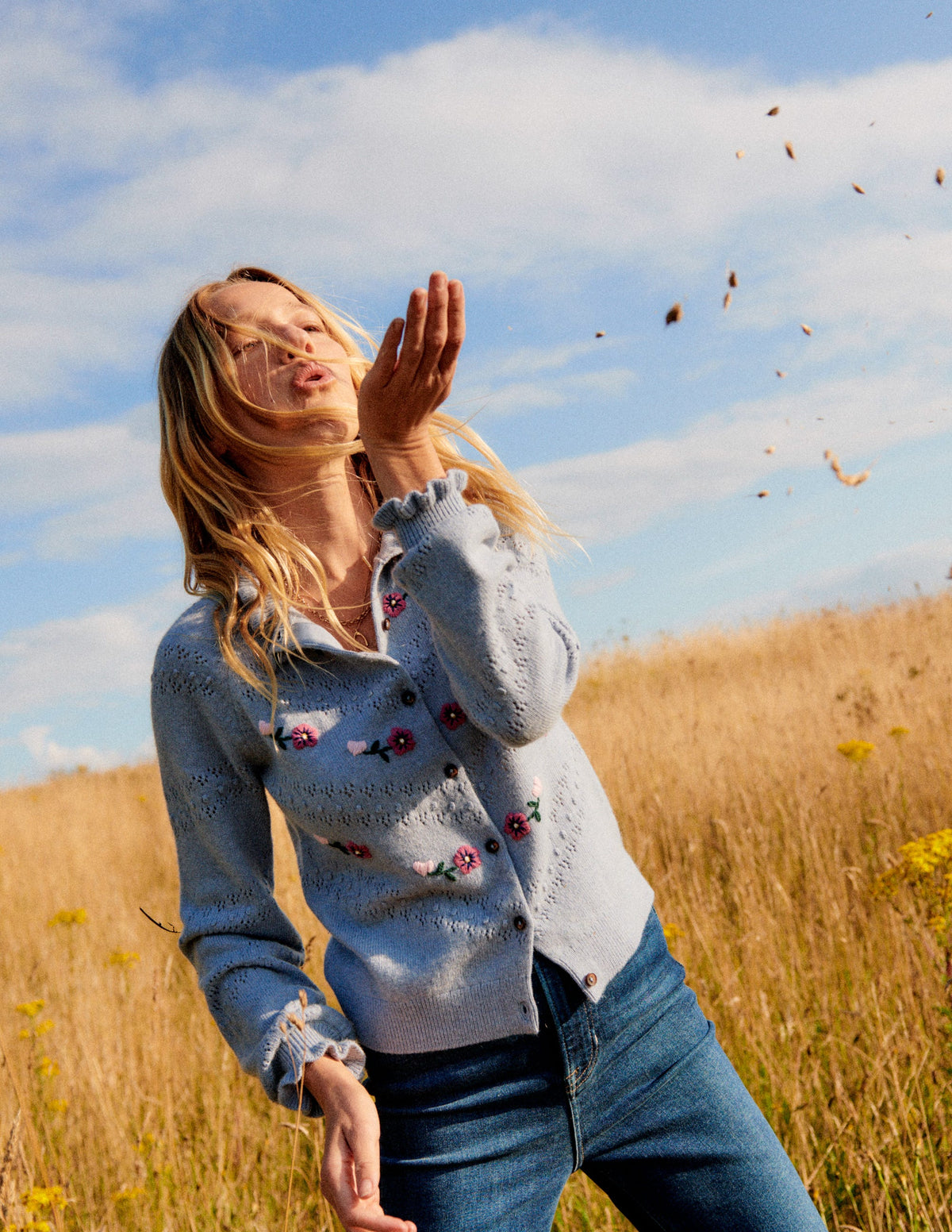 Floral-Embroidered Cardigan-Blue Pebble - Image 5