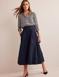 Taffeta Pull-on Midi Skirt-Navy