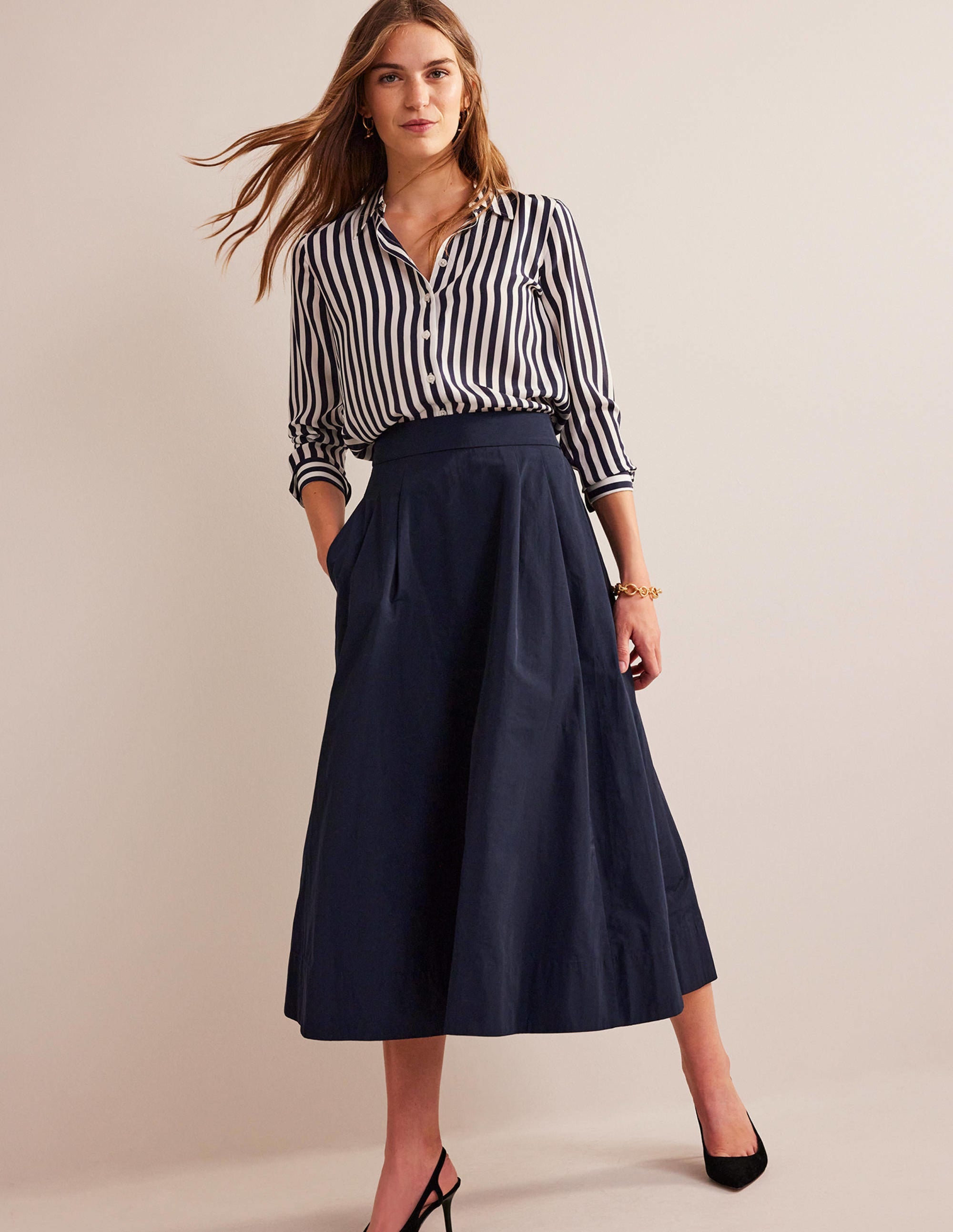 Taffeta Pull-on Midi Skirt-Navy - Image 1