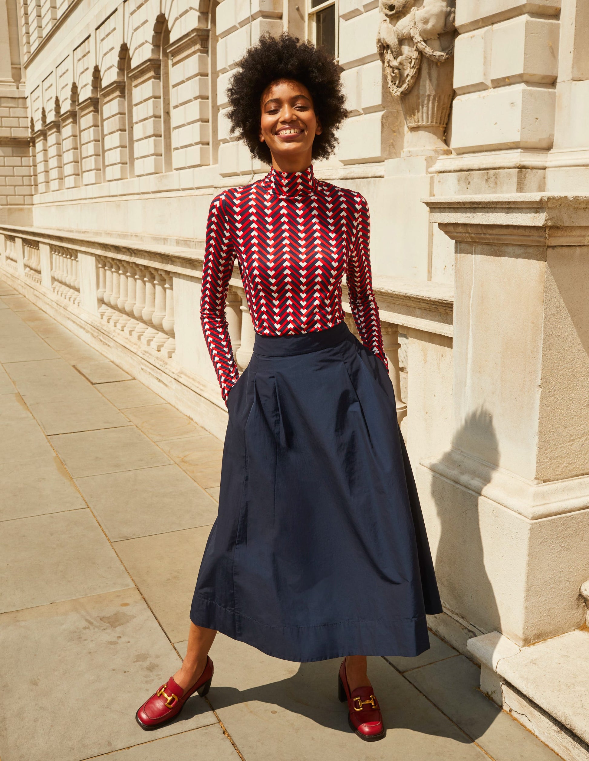 Taffeta Pull-on Midi Skirt-Navy-5