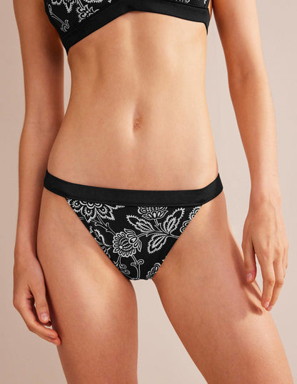 Tanga Bikini Bottoms-Black, White Floral-4