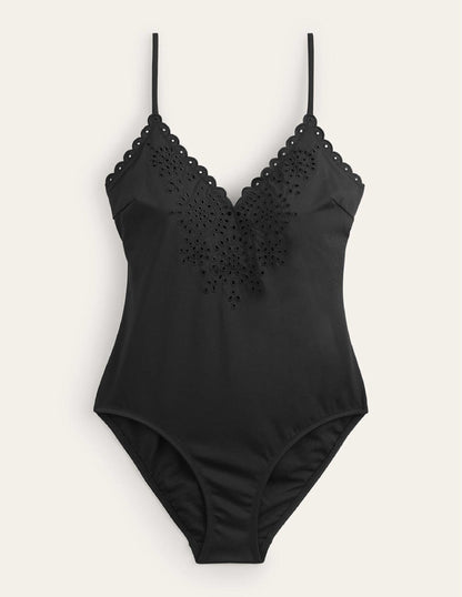 Broderie V-neck Swimsuit-Black-5