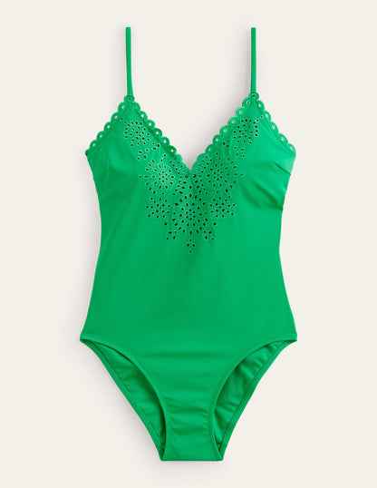 Broderie V-neck Swimsuit-Green Pepper-5