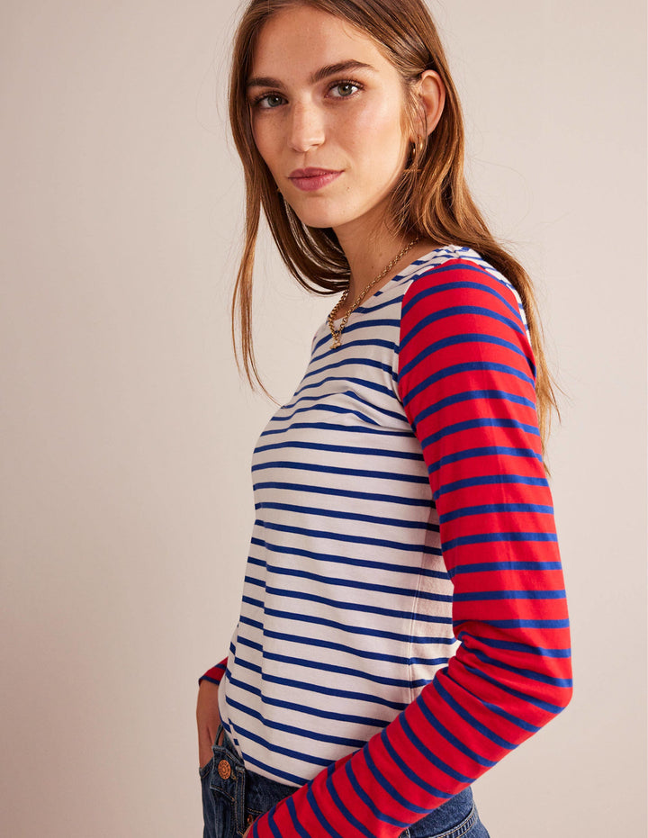 Ella Long Sleeve Breton-Ivory, Colbalt, Hot Pepper