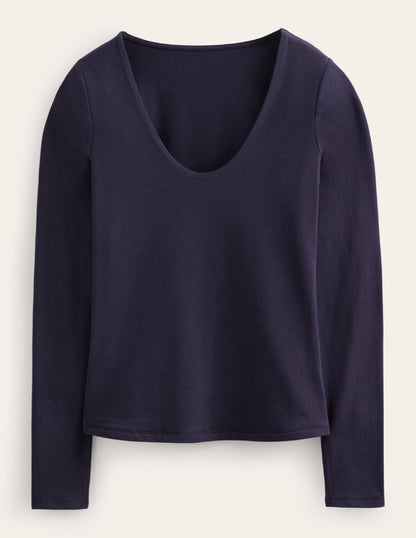 Double Layer Scoop Neck Top-Navy-5