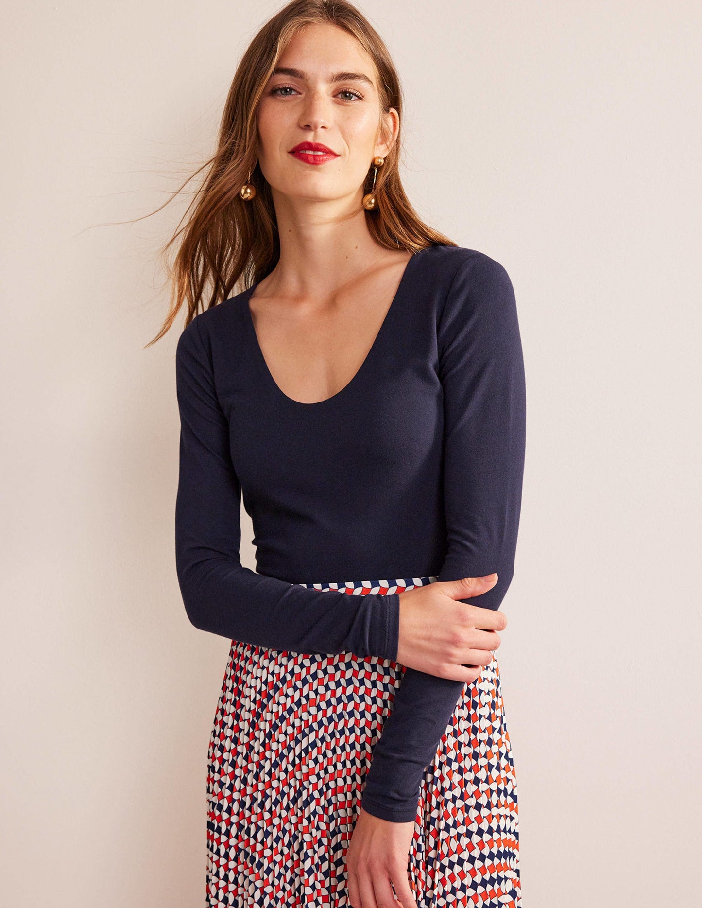 Double Layer Scoop Neck Top-Navy