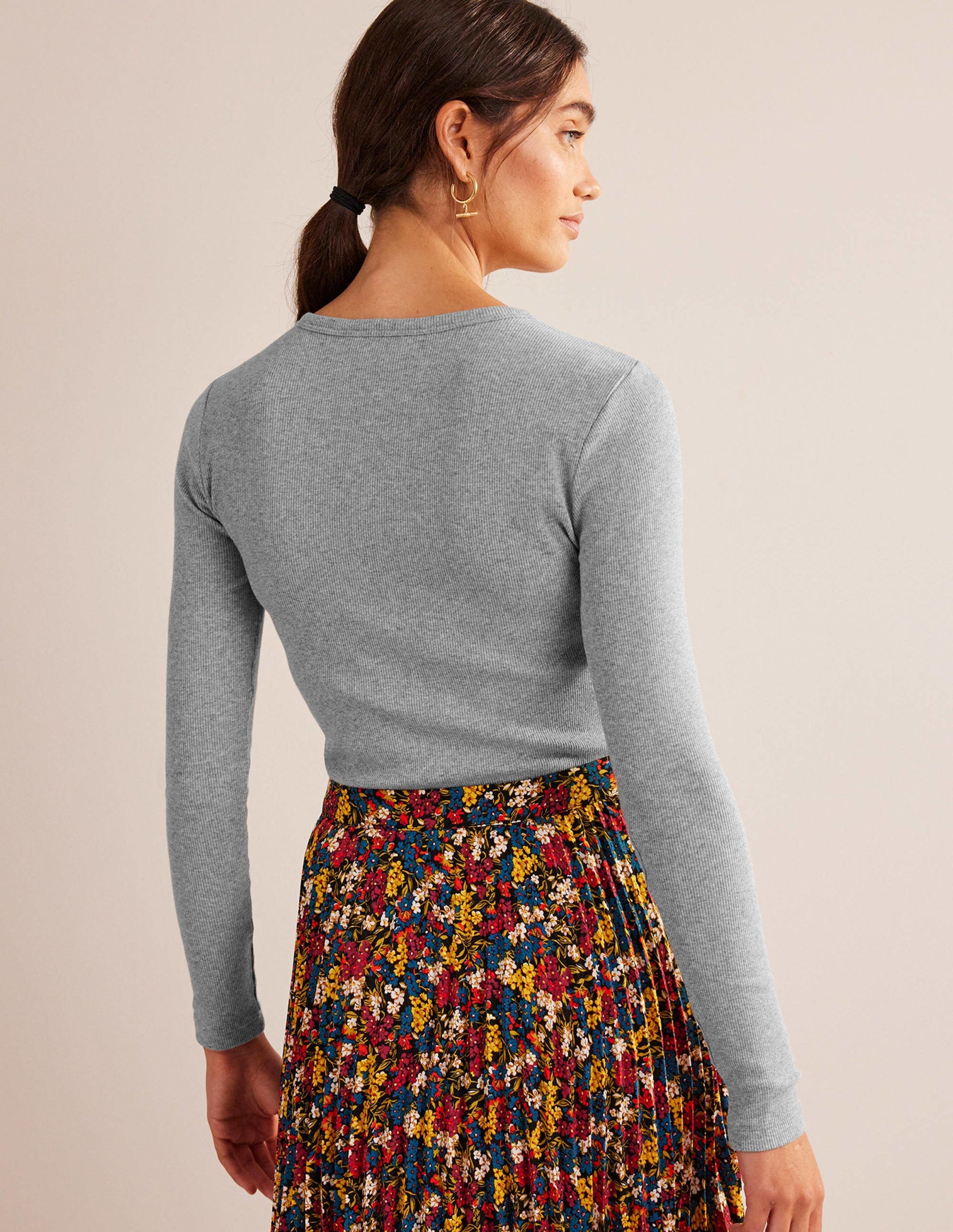 Cotton Ribbed Long Sleeve Top-Grey Marl-3