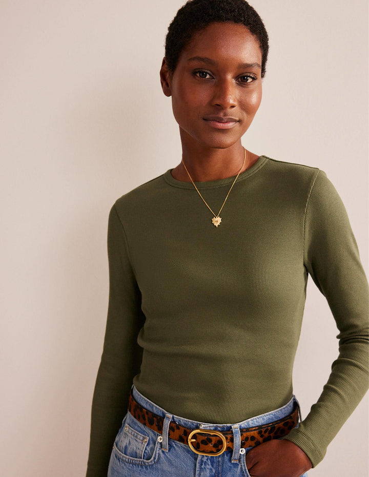 Cotton Ribbed Long Sleeve Top-Spruce