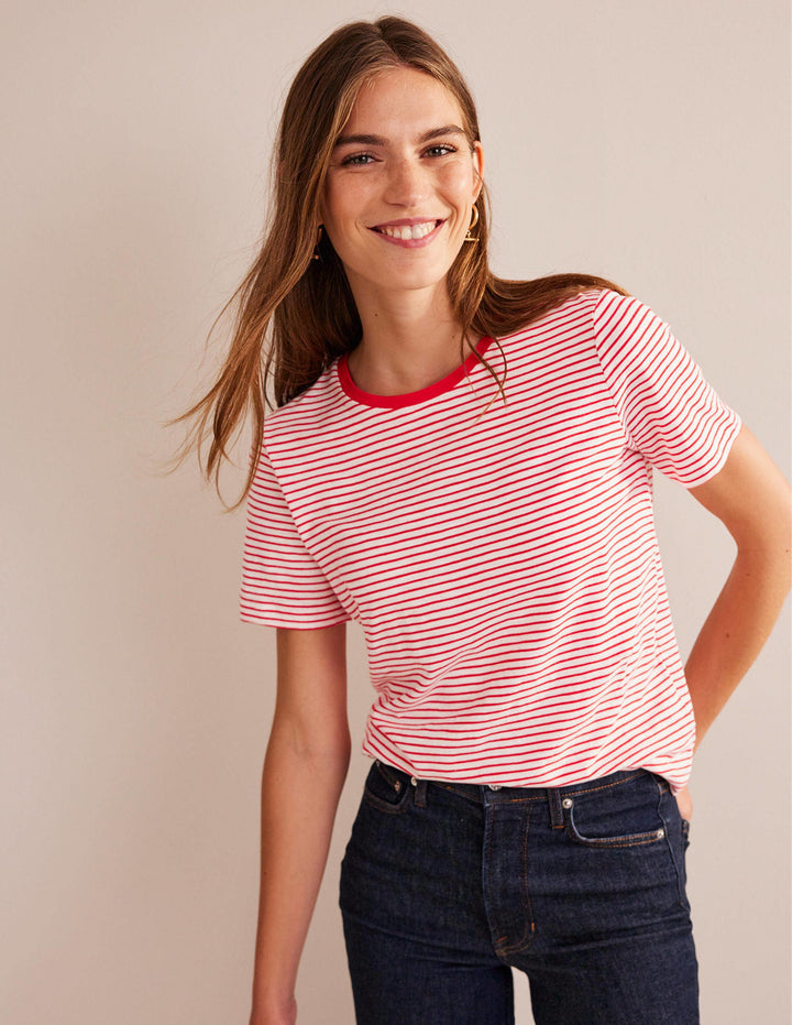 Cotton Crew Neck T-Shirt-Ivory, Red