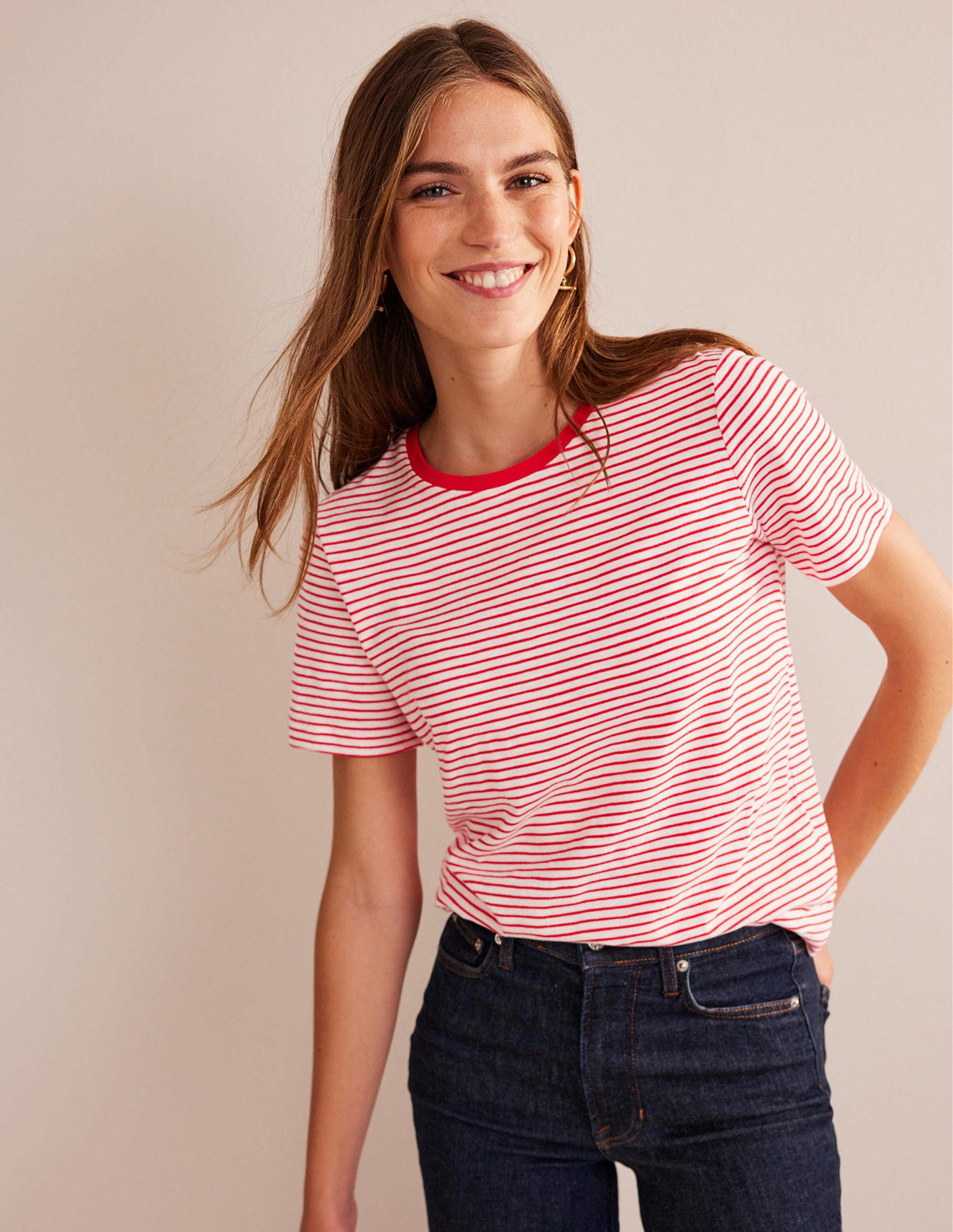 Cotton Crew Neck T-Shirt-Ivory, Red-1