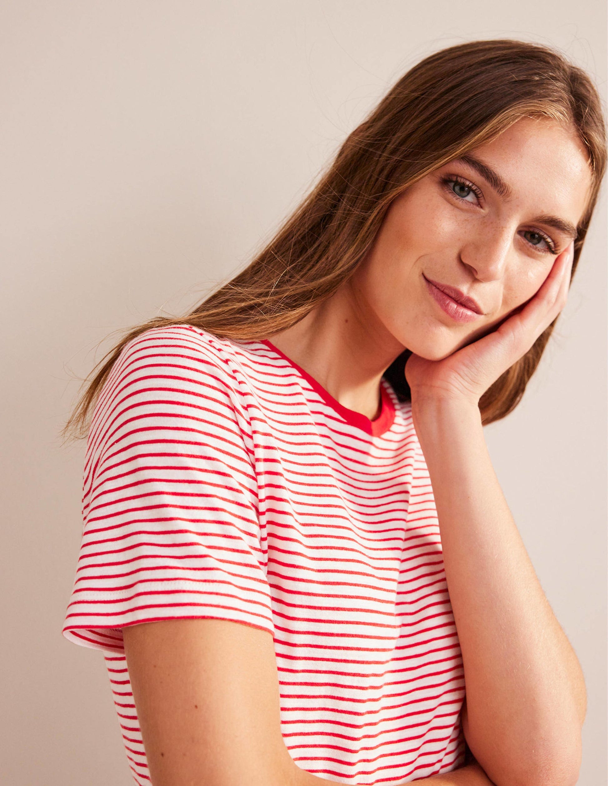 Cotton Crew Neck T-Shirt-Ivory, Red-2