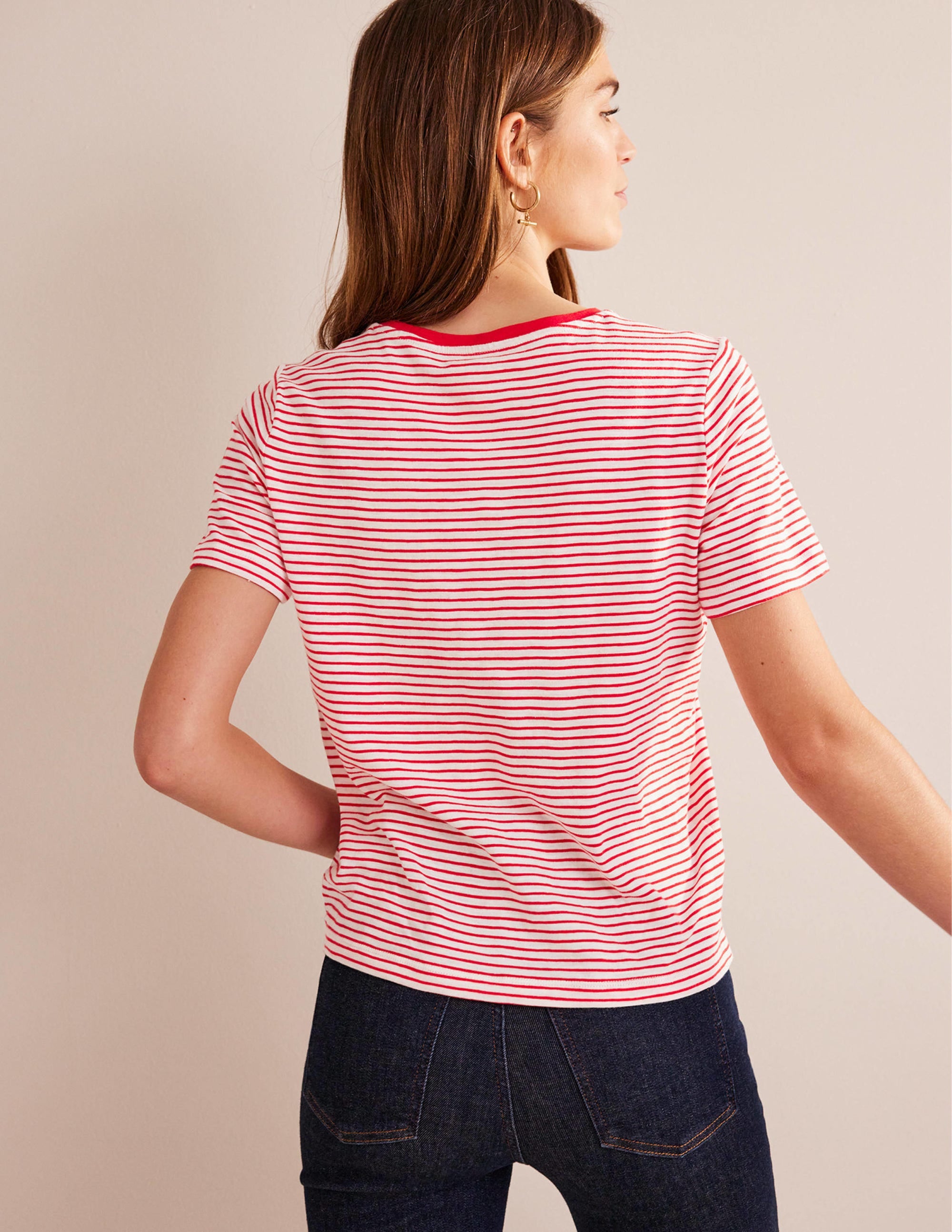 Cotton Crew Neck T-Shirt-Ivory, Red - Image 3