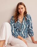 Printed Notch-Neck Sparkle Top-Blue, Botanic Wreath