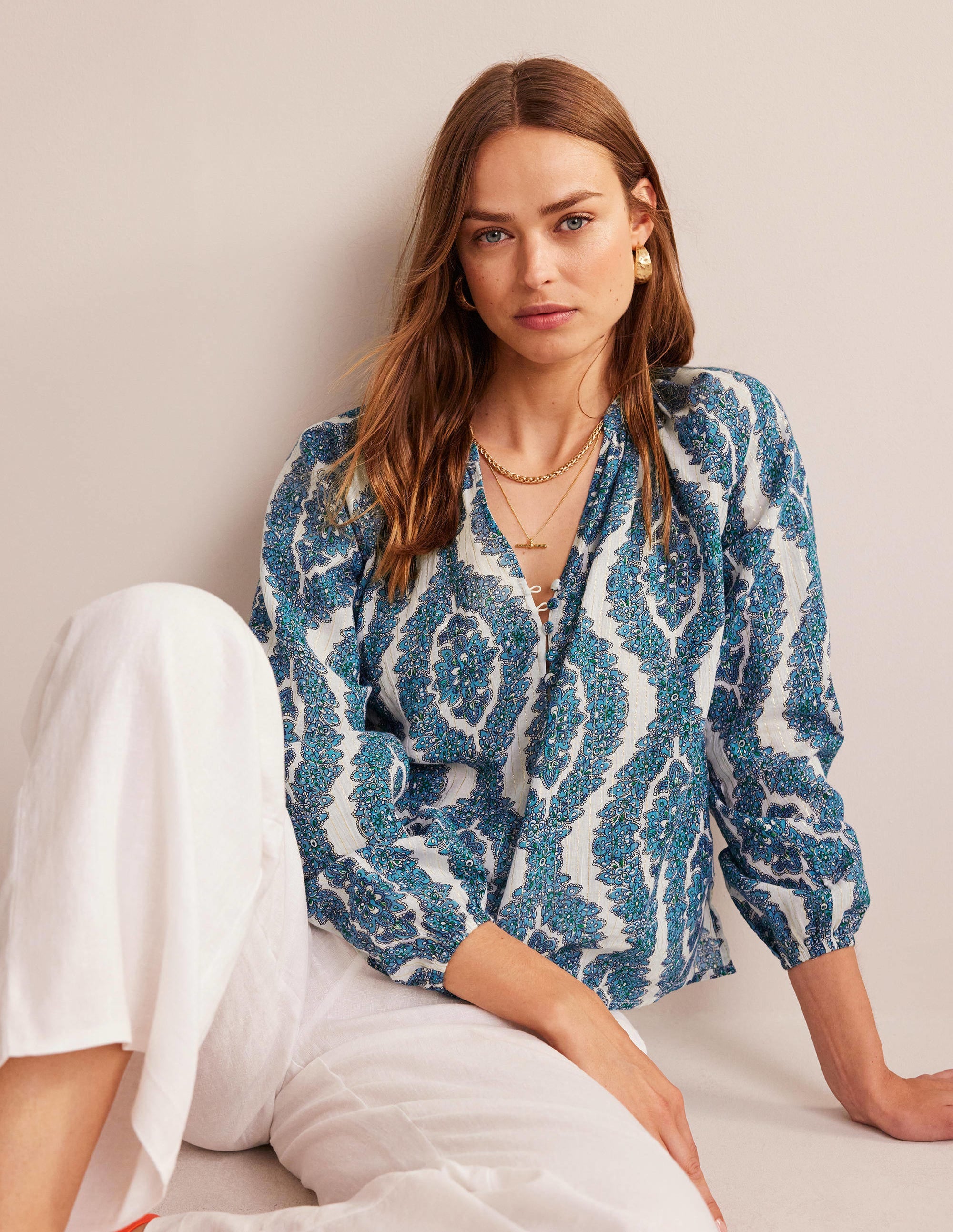 Printed Notch-Neck Sparkle Top-Blue, Botanic Wreath - Image 1