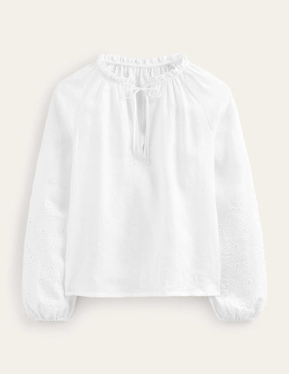 Broderie Tie-Neck Linen Top-White-7